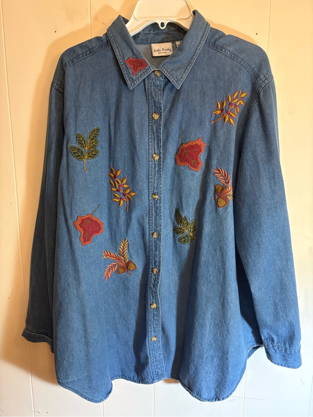 Vintage Bobbie brooks woman autumn fall leaves denim shirt plus size 18W 20W